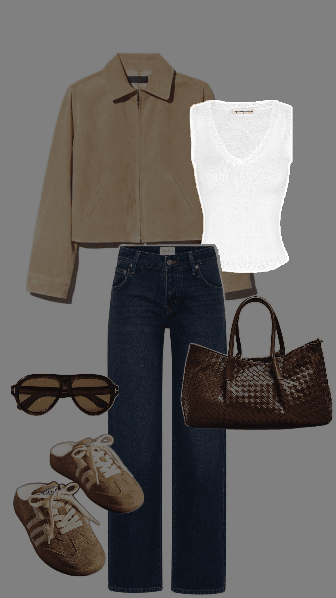 Flatlay of outfit pieces: suede jacket, white tank, denim jeans, woven tote, sunglasses, suede sneakers